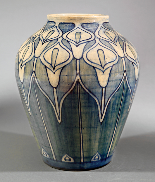 The resurgence of the market for Newcomb was apparent last November when this large high-glaze vase, decorated with calla lilies by Mary Williams Butler in 1902, brought $35,850. Courtesy Neal Auction Co.